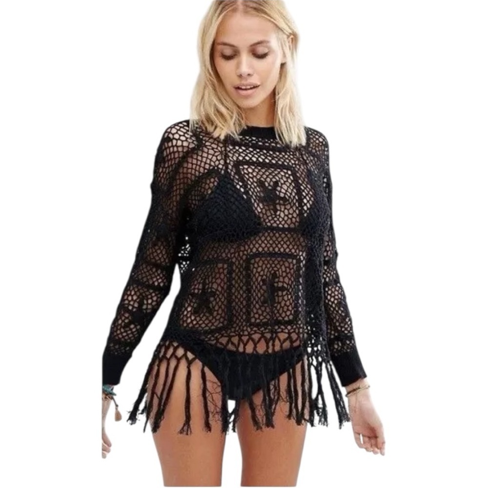 Wildfox relaxed fit sexy black cotton crochet Grunge fringed top swim cover up
